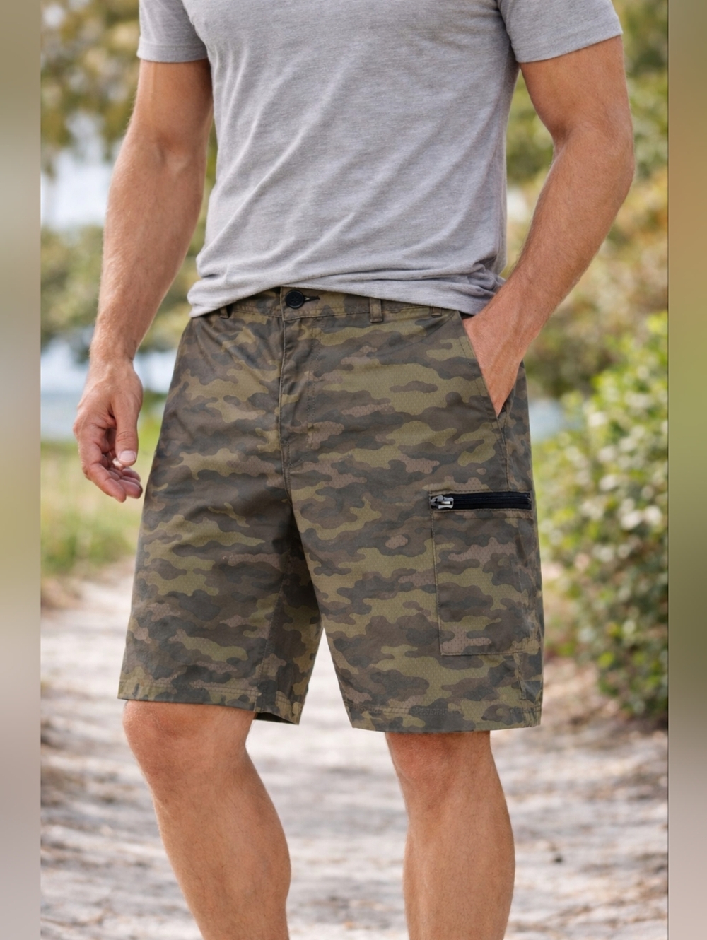George Camo Board Shorts Men’s Size 36 Hybrid Performance Shorts Zipper Pocket